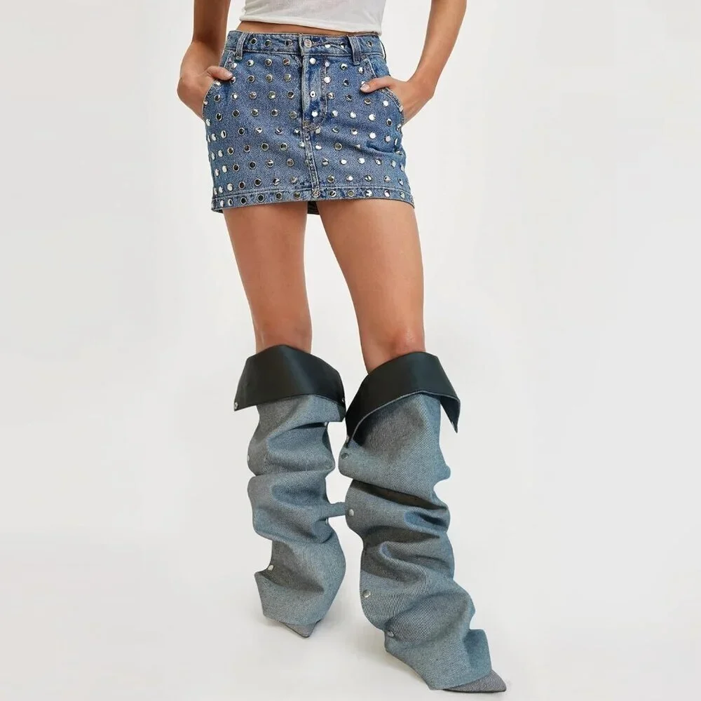 Women's Denim Blue Suede Detachable Snap-off Panel Fold Over Fall Shark Boots